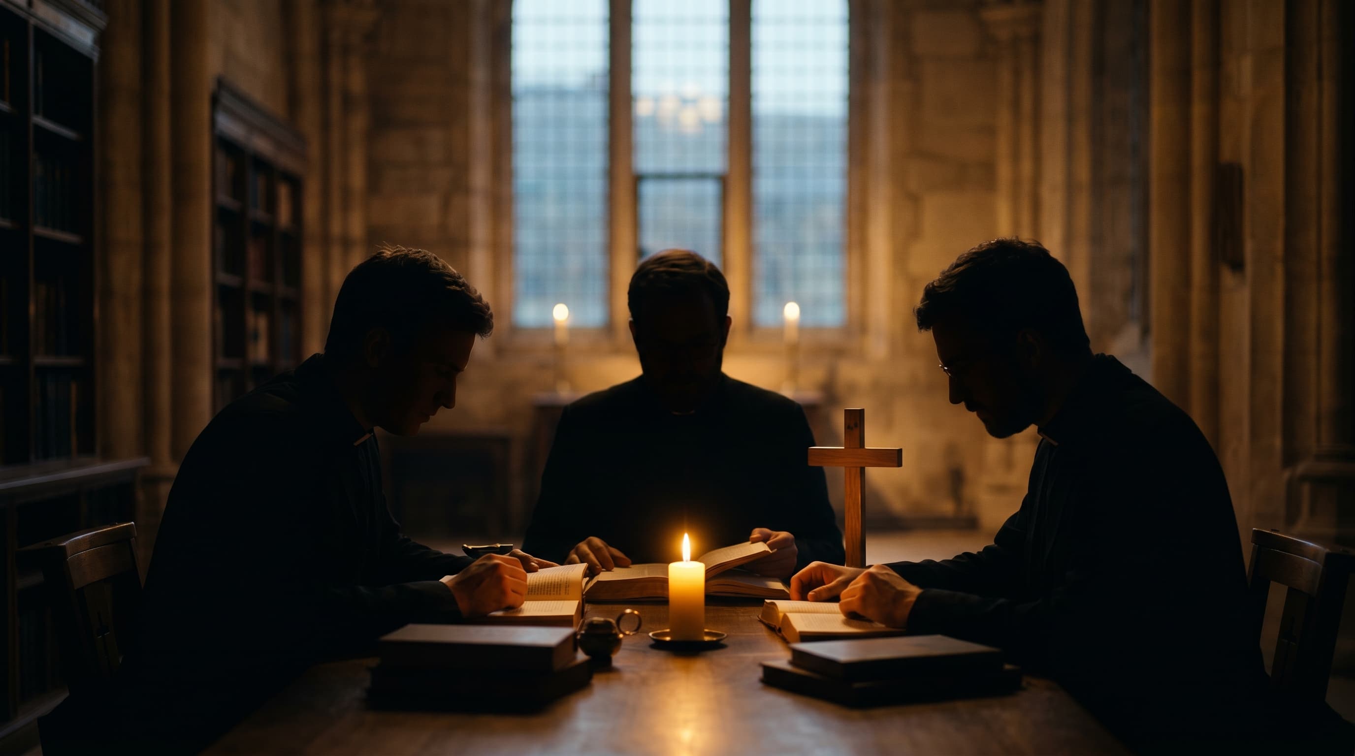 Three silhouetted intellectuals in theological discourse