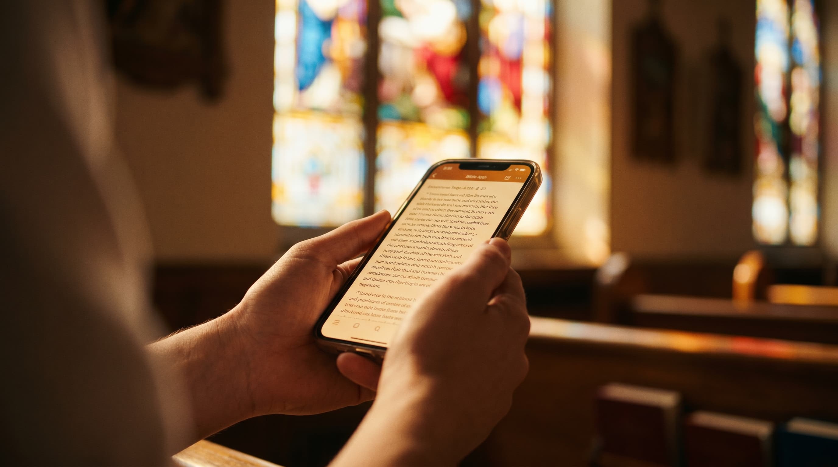 Hands holding a Bible app, stained glass light
