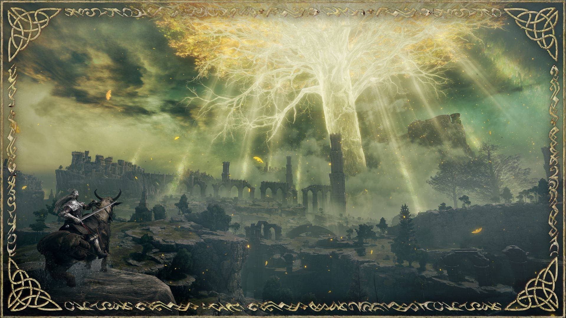 The Erdtree radiating golden light over the Lands Between — Elden Ring