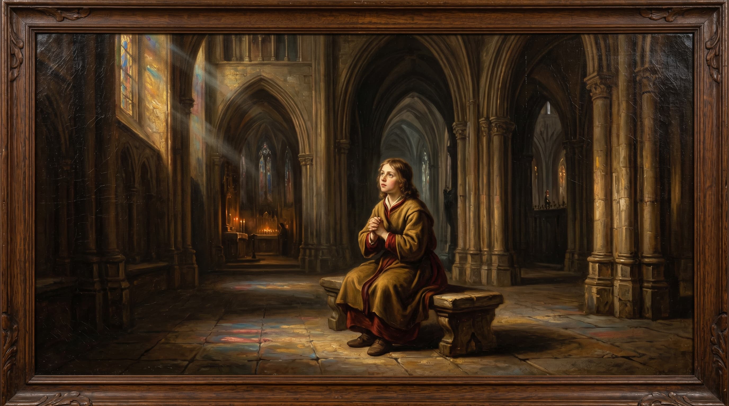 Young person alone in a Gothic cathedral