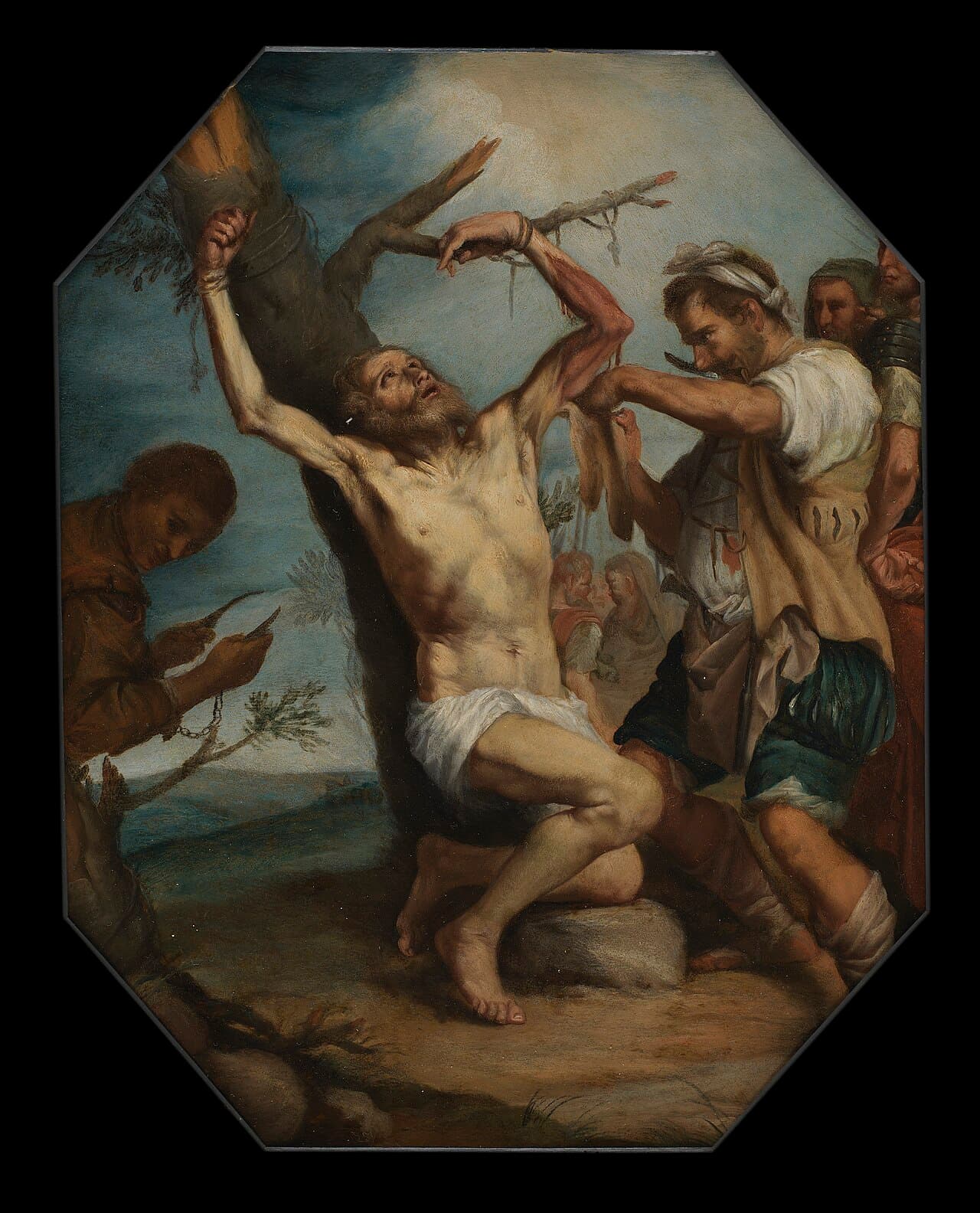 17th century painting of the Martyrdom of Saint Bartholomew — the apostle being flayed alive, surrounded by executioners and onlookers