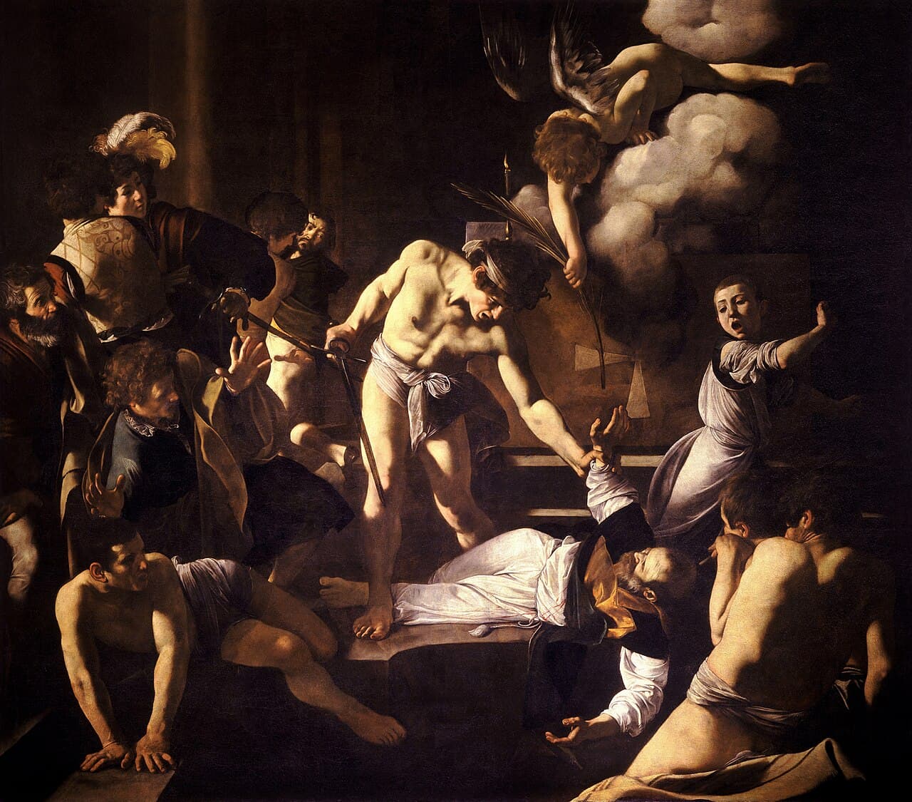 Caravaggio, The Martyrdom of Saint Matthew, c. 1599-1600 — a soldier strikes the apostle at the altar while an angel descends with a palm