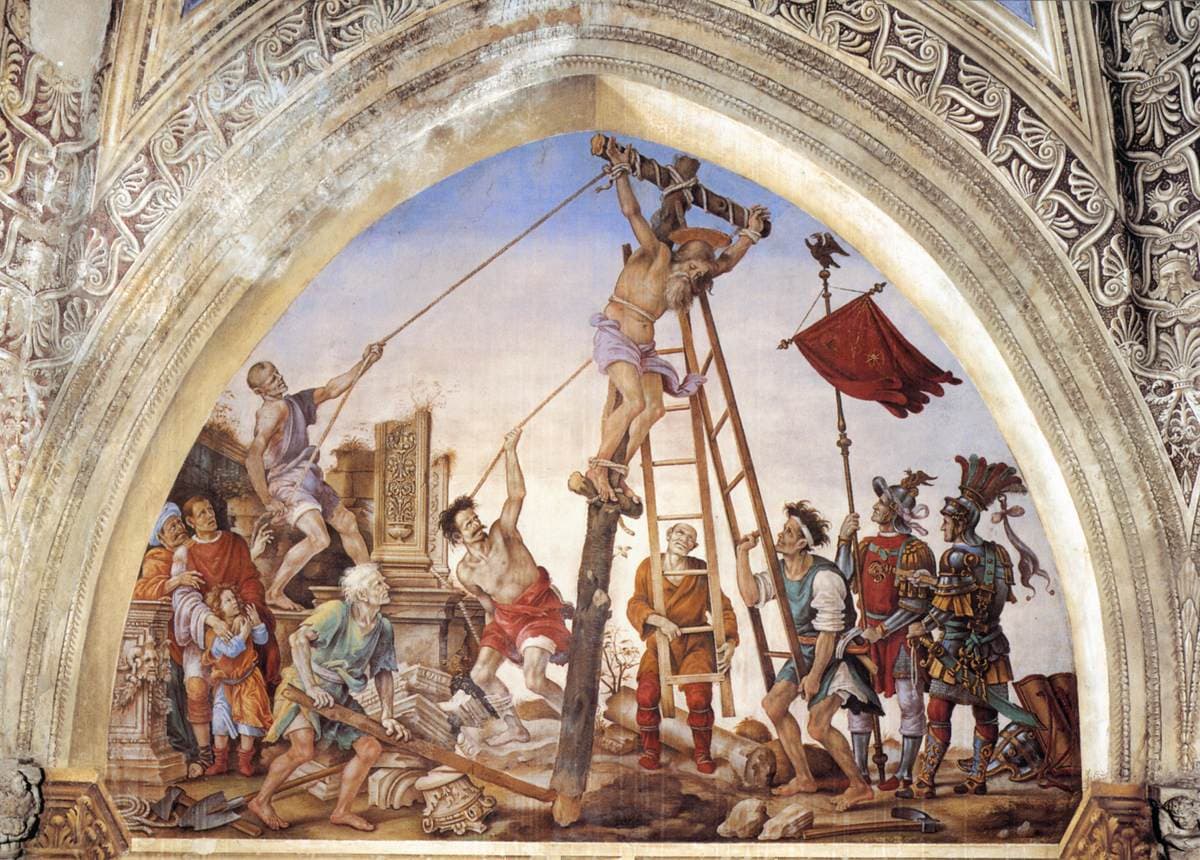 Filippino Lippi, Crucifixion of Saint Philip, c. 1500 — the apostle hangs from the cross at Hierapolis in this Strozzi Chapel fresco