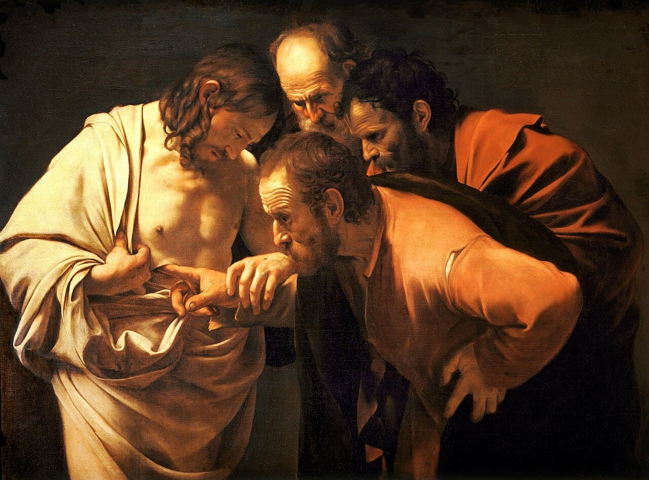 Caravaggio, The Incredulity of Saint Thomas, 1601-02 — Thomas places his finger in the wound of the risen Christ, the apostle who later died in India