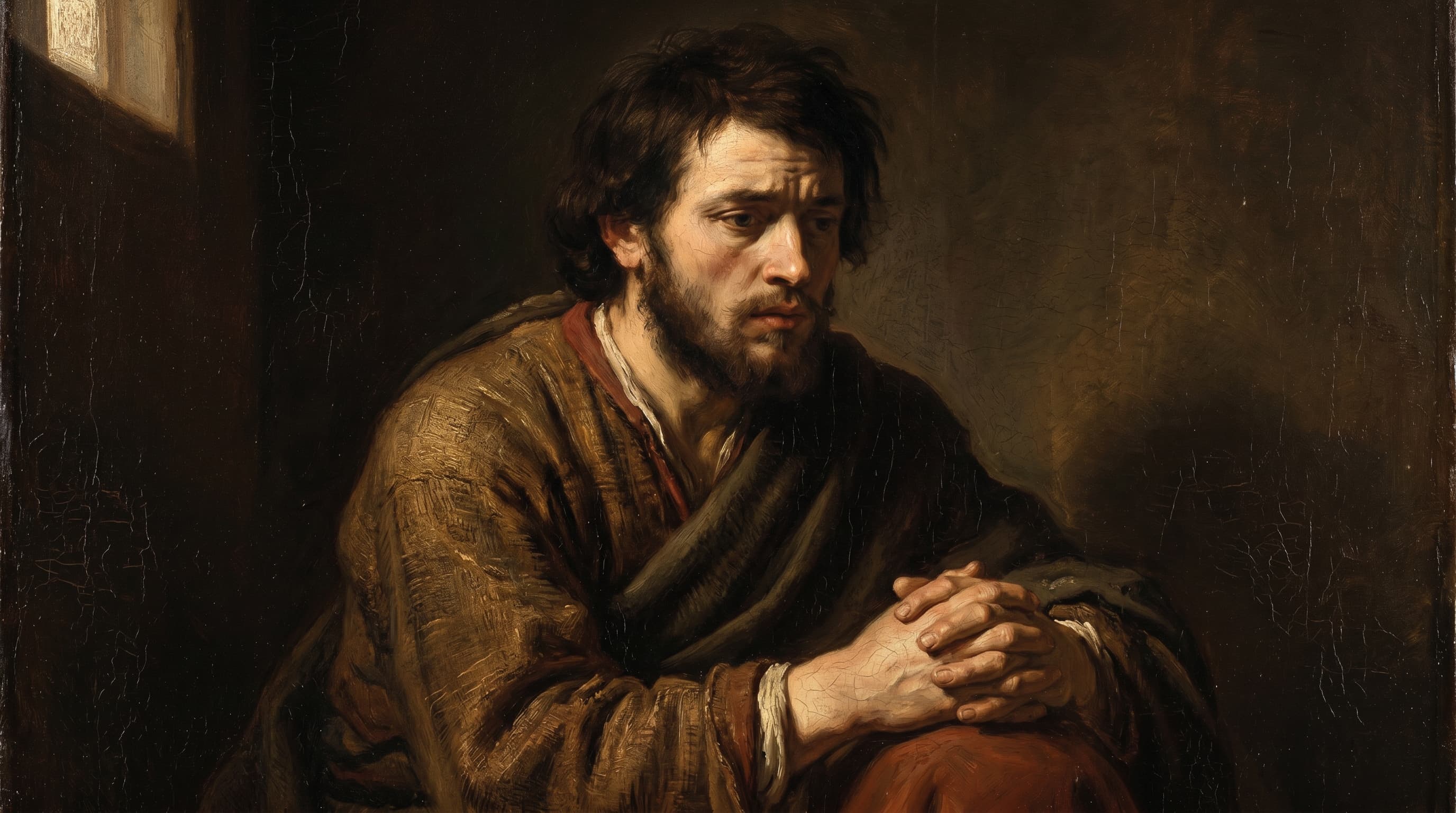 Onan, a young Israelite man in a moment of moral conflict, Old Master oil painting in the manner of Rembrandt